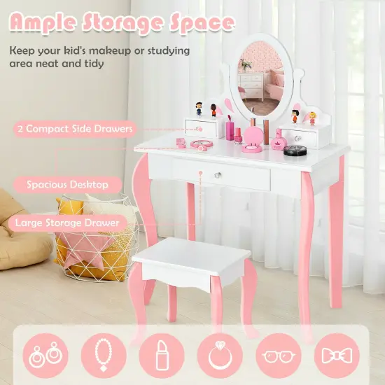Kids Vanity Princess Makeup Dressing Table Stool Set with Mirror and Drawer White {6}