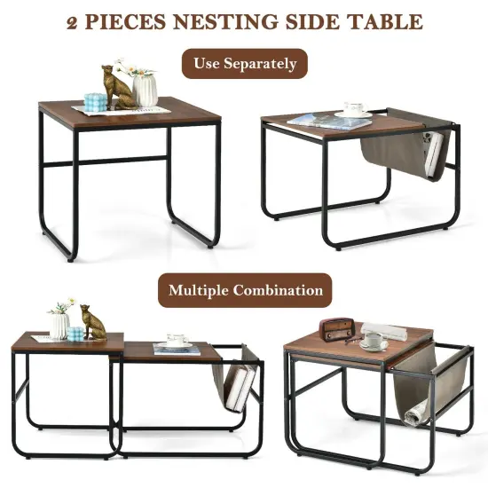 Set of 2 Nesting Coffee Tables with Side Pocket for Living Room Bedroom {5}