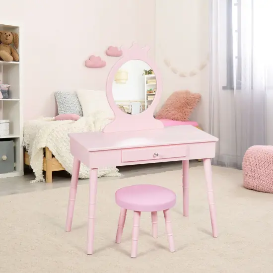 Kids Vanity Makeup Table and Chair Set Make Up Stool Pink {3}