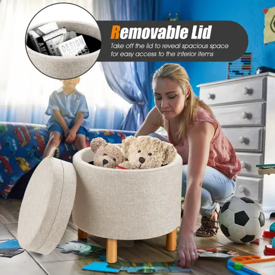 Round Storage Ottoman with Tray Top Accent Padded Footrest Beige {2}