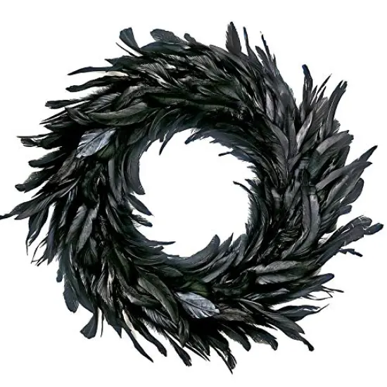 Black Feather Wreath Halloween Wreath 14.9'' Black Natural Cocktail Feather Wreath, Halloween Photo Props, Front Door Decor Witch Spooky Scene Halloween Party Decorations {2}