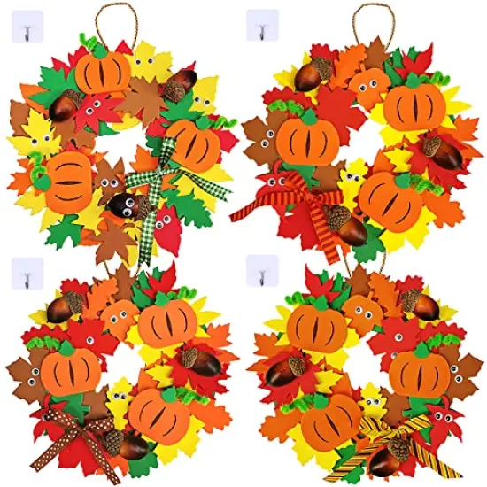 Supla 12 Kits 3D Pumpkin Fall Leaf Wreath Craft Kit DIY Thanksgiving Wreath with Maple Leaves Acorns Bows Wiggle Eyes for Kids Crafts Fall Thanksgiving Halloween Seasonal Decoration {1}