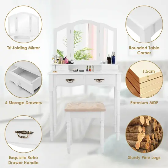 Simple Vanity Set with Tri-Folding Mirror Drawers and Storage Shelf White {3}