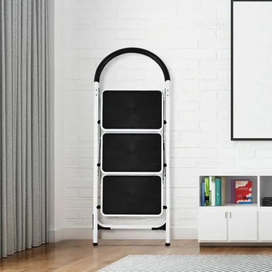 3-Step Space-Saving Foldable Ladder with Safety Rail and Wide Pedals Ideal for Home and Office {1}