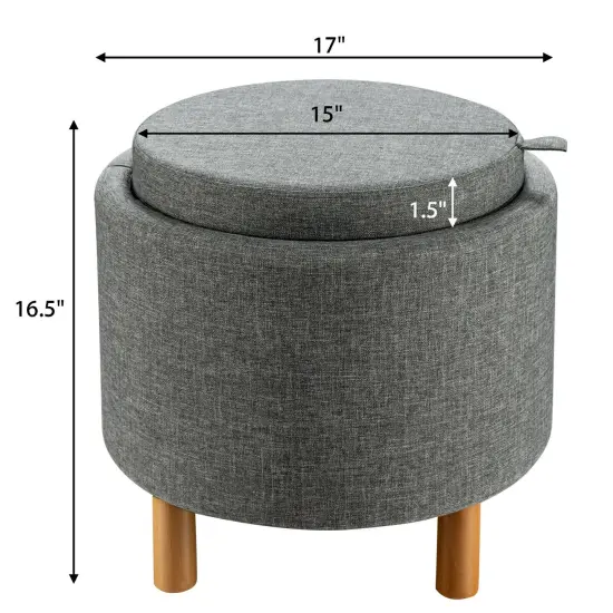 Round Storage Ottoman with Tray Top Accent Padded Footrest Grey {4}