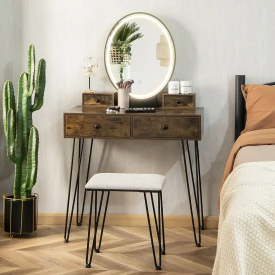 Vanity Table Set with 3-Color Lighted Dimmable Mirror-Brown {6}