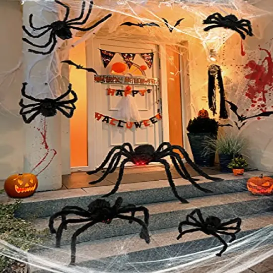 HOPOCO Halloween Plush Spiders Set (6 pcs Red Eyes Spider (47",35",30",24'',20",12") Sizes, Scary Fake Spider for Indoor Outdoor Halloween Decor for Home Party Yard Haunted House Decorations {1}
