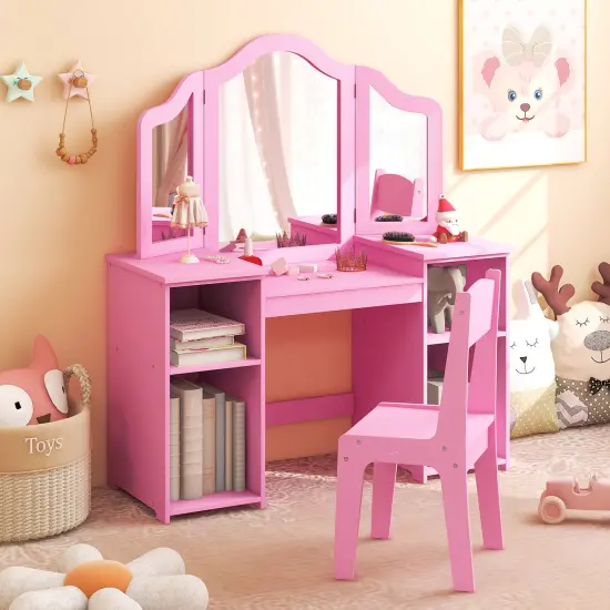Kids Vanity Table and Chair Set with Removable Tri-Folding Mirror Pink {2}