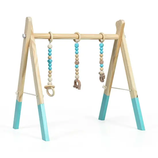 Portable 3 Wooden Newborn Baby Exercise Activity Gym Teething Toys Hanging Bar Blue {1}