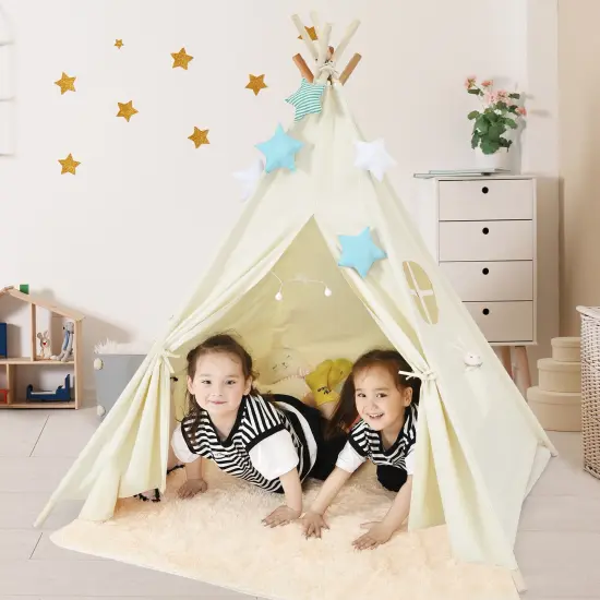Beige Fold able Kids Canvas Teepee Play Tent with Wooden Support {2}
