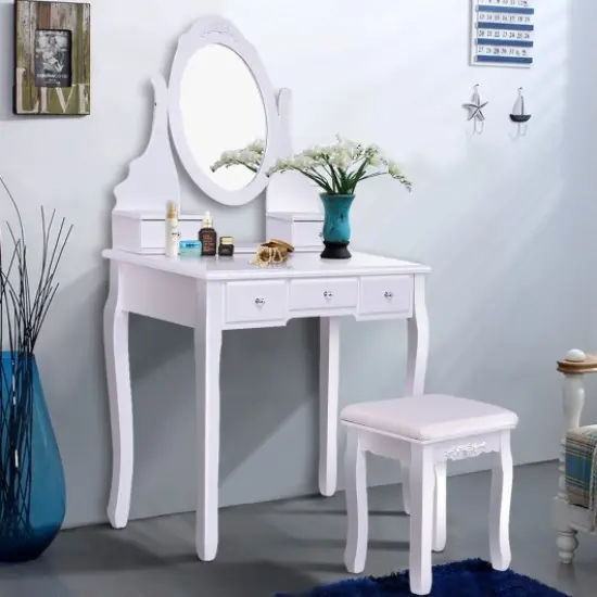 Wooden Vanity Set with 360° Rotating Oval Mirror and Cushioned Stool White {2}
