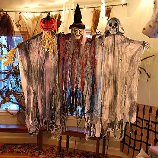 JOYIN 3 Pack 35" Hanging Ghost Halloween Decorations,Grim Reapers Hanging Witch for Halloween Outdoor Decorations(One Grim Reaper,One Hanging Witch,and One Hanging Reapers) {4}