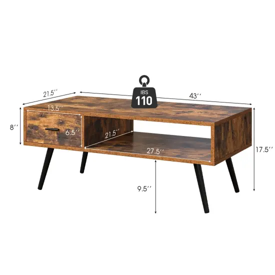 Retro Rectangular Coffee Table with Drawer and Storage Shelf-Rustic Brown {5}