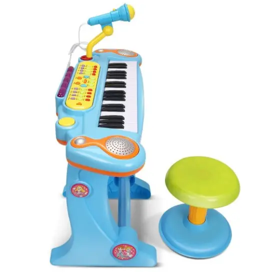 Kids Electronic 37 Key Toy Piano w/ Microphone & Stool-Pink {3}