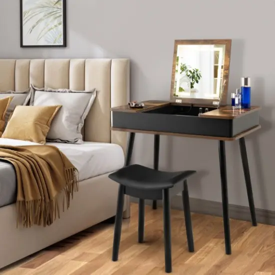 Vanity Table Set with Flip Top Mirror Lights USB Writing Desk and Stool {2}