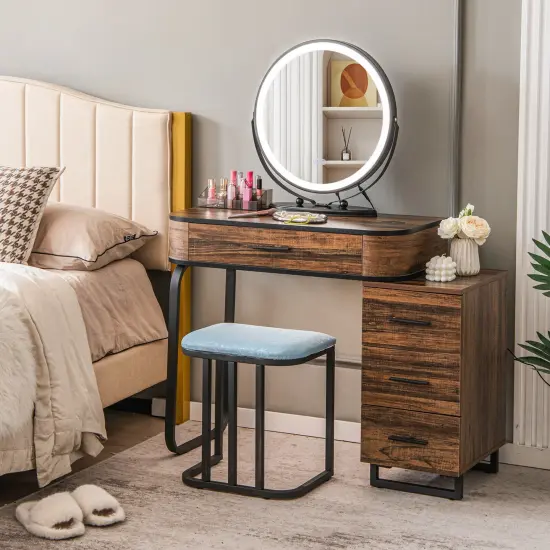 Vanity Table Set with 3-Color Lighted Mirror and Charging Station-Brown {3}