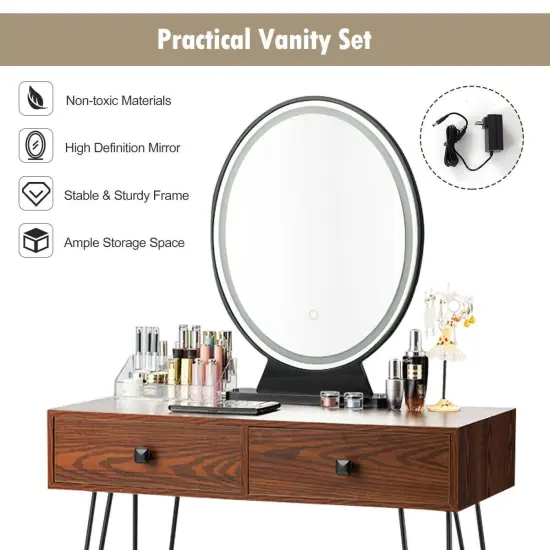 Makeup Dressing Table Included Soft Cushion Seat Stool with 3 Lighting Modes and 2 Large Drawers Coffee {6}