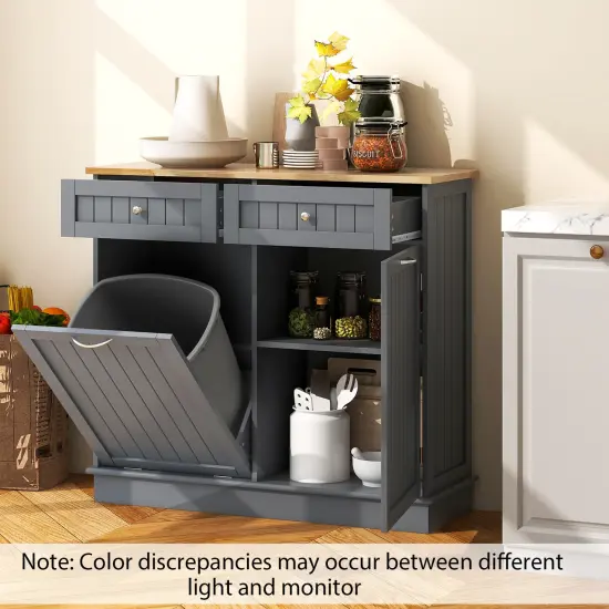 Rubber Wood Kitchen Trash Cabinet with Single Trash Can Holder and Adjustable Shelf Grey {6}
