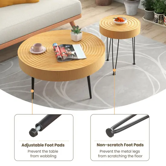 Set of 2 Solid Wood Farmhouse Round Coffee Tables Ring Pattern {6}