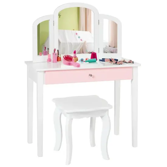 Kids Princess Make Up Dressing Table with Tri-folding Mirror and Chair White {1}