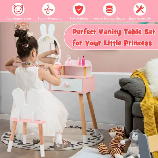 Kids Vanity Table and Chair Set with Drawer Shelf and Rabbit Mirror White {6}