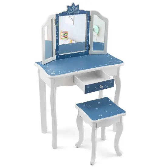 Princess Vanity Table and Chair Set with Tri-Folding Mirror and Snowflake Print-Blue {2}