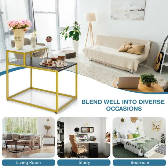 2 Tier End Side Table withMetal Frame and Storage Shelf for Living Room-White {1}