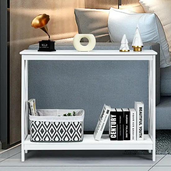 2-Tier Console X-Design Sofa Side Accent Table with Spacious Storage Space White {6}