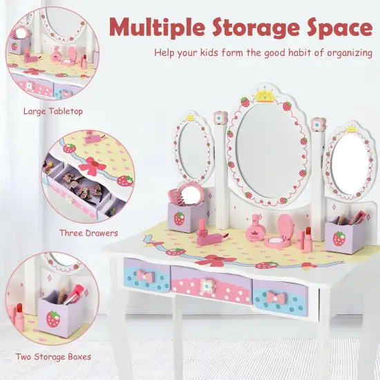 Kids Vanity Princess Makeup Dressing Table Chair Set with Tri-fold Mirror White {3}