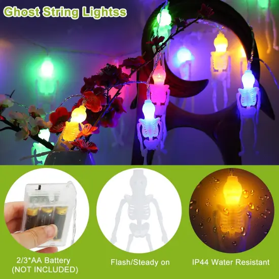 3Pcs Halloween Light Decorations Total 50 LEDs 24ft Halloween String Lights Colorful 3D Skeleton Ghost String Lights Gauze Skull String Lights {5}