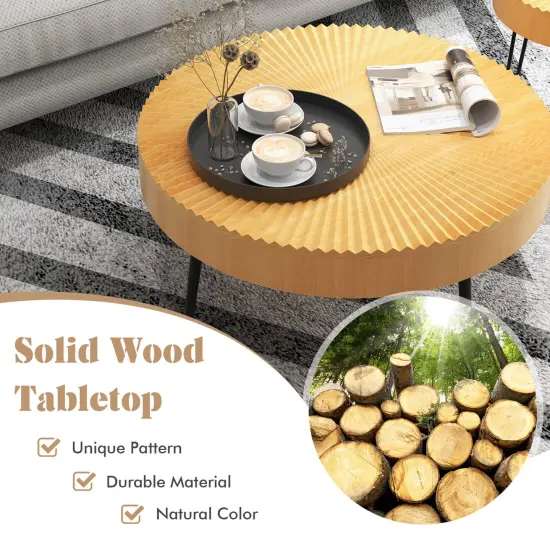Set of 2 Solid Wood Farmhouse Round Coffee Tables Radial Pattern {6}