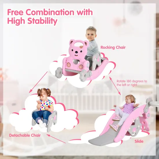 4-in-1 Toddler Slide and Rocking Horse Playset with Basketball Hoop Pink {5}