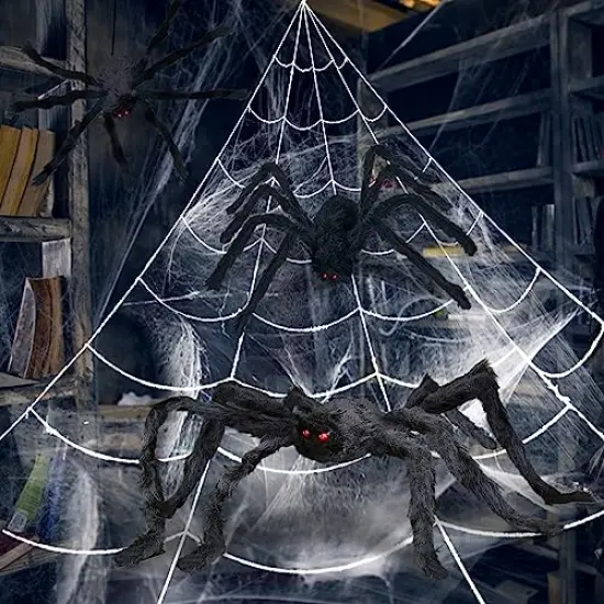 UNGLINGA Giant Spider Web Halloween Decorations Outdoor with 50inch & 30inch Large Spiders, Hanging Mega Huge Spider Web 2 Scary Fake Black Spiders for Yard Garden Outside House Indoor Decor {2}