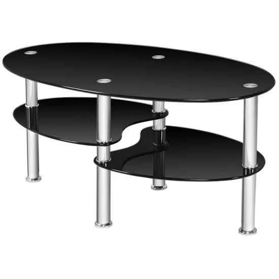 Tempered Glass Oval Side Coffee Table Black {4}