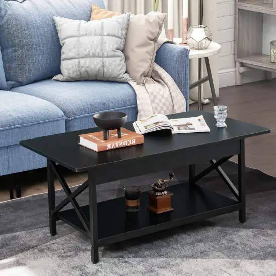 2-Tier Rectangular Coffee Table with Large Storage Shelf and Metal Frame for Living Room Black {6}