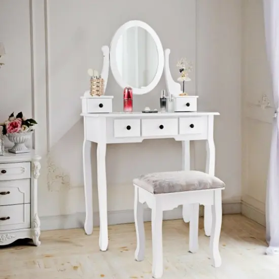 Dressing Table Set with Oval Mirror Stool and 5 Storage Drawers {1}
