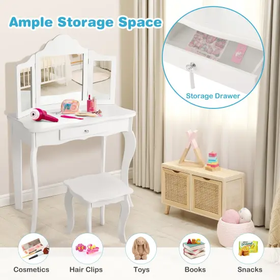 Kids Makeup Dressing Mirror Vanity Table Stool Set White {6}