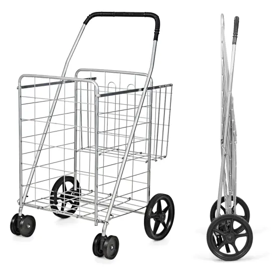Folding Shopping Cart for Laundry with Swiveling Wheels & Dual Storage Baskets Silver {1}
