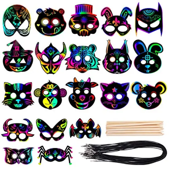 52 Pieces- Halloween Mask Craft Kit for Kids,Kids Magic Scratch Paper Animal Masks, DIY Rainbow Scratch Art Masks for Halloween and Animal Birthday Party {1}