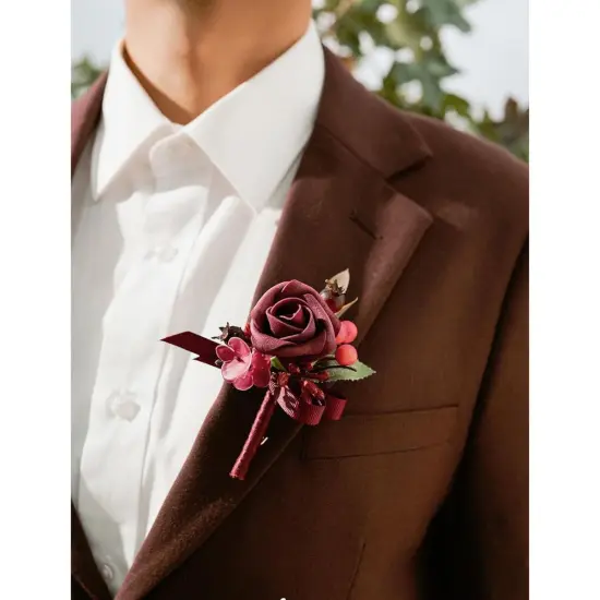 Boutonniere Set of 6 for Groom & Groomsmen Burgundy & red {5}
