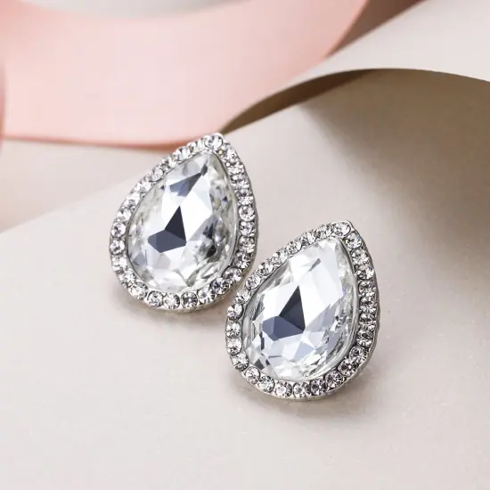Women's Austrian Crystal Wedding Teardrop Stud Earrings Clear Silver-Tone {4}