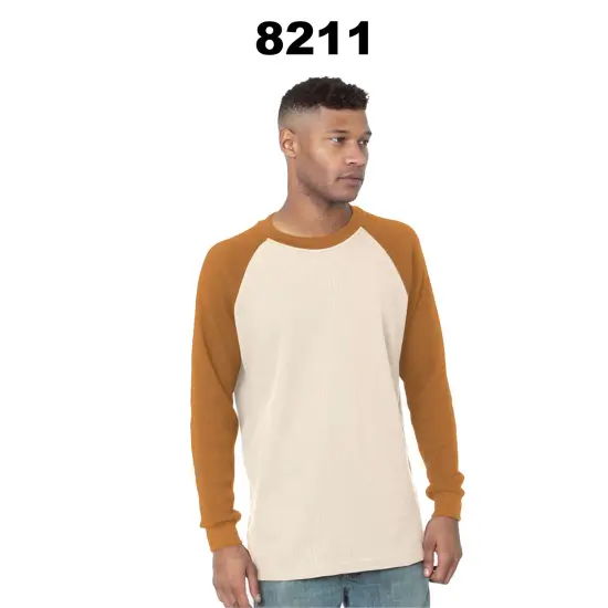 Bayside&reg; USA made Heavyweight Waffle Knit Thermal Raglan T-Shirt White/ Navy {3}