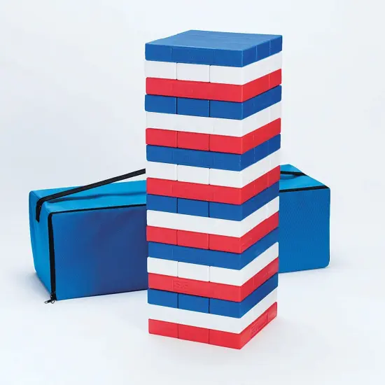S&S Worldwide Patriotic Super Tumbling Timbers. Giant Version of Popular Stacking Game with Light Hollow Plastic Blocks. 50% Lighter than Wood!Includes Activity Guide, bag, 54 - 9"x3"x1.6" blocks. {6}