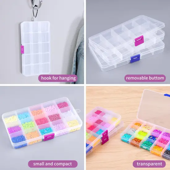 4 Pck Jewelry Organizer, SMALL Transparent Plastic Bead Organizers(15 grids) with Movable Dividers Earring Storage Containers Bead Holders, Size 6.9&times;3.9&times;0.9in {5}