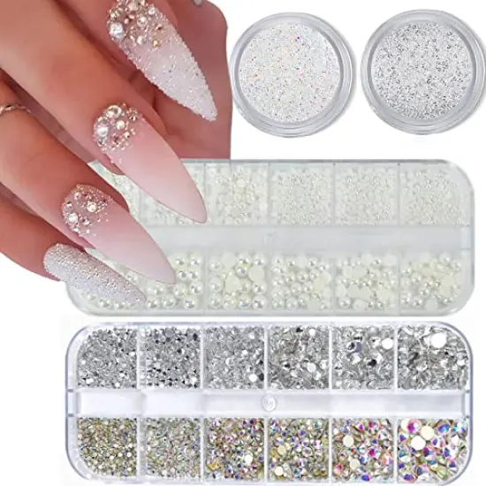 4 Boxes Flatback Rhinestones and Pearls Nail Charms for Acrylics - Crystals, Half Rounds, and Accessories for DIY Nail Art Decor {2}