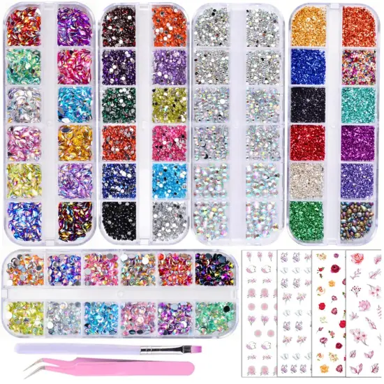 5000 Pieces (5 Boxes) Shiny Colorful Nail Art Rhinestones Nail Stone Gems Design Kit and 4 sheets flower nail art stickers with a Curved Tweezers and a Nail Brush (multicolor) {2}
