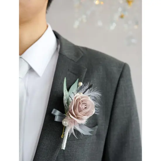 Boutonniere Set of 6 for Groom & Groomsmen Gray & dusty rose {4}