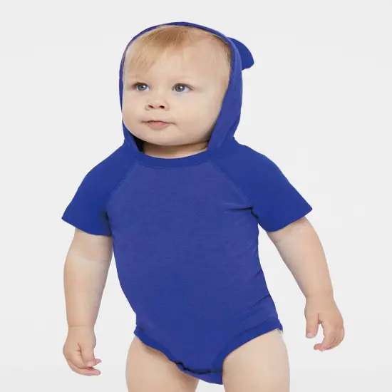 Rabbit Skins&reg; Fine Jersey Infant Short Sleeve Raglan Bodysuit with Hood & Ears Vintage Navy/ Navy {7}