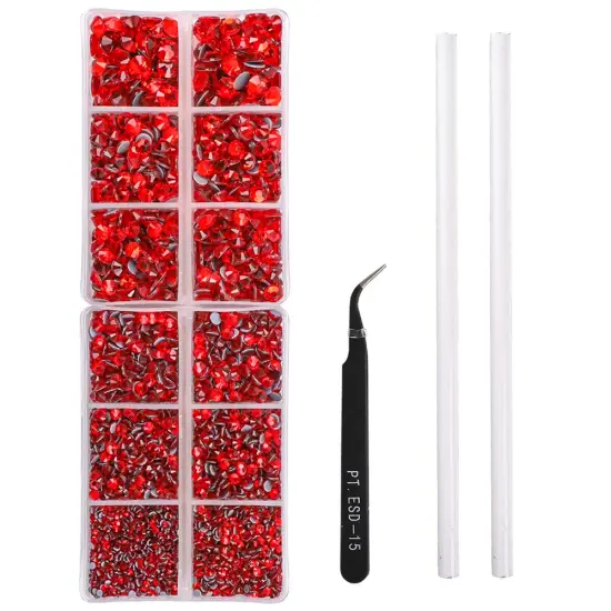 5040 Pieces Red Flatback Rhinestones for Crafting, Crystal Round Gems for Nail Art DIY Crafts Clothes Bags, 6 Mixed Size Hotfix Rhinestones with Tweezers and Picking Rhinestones Pen {1}