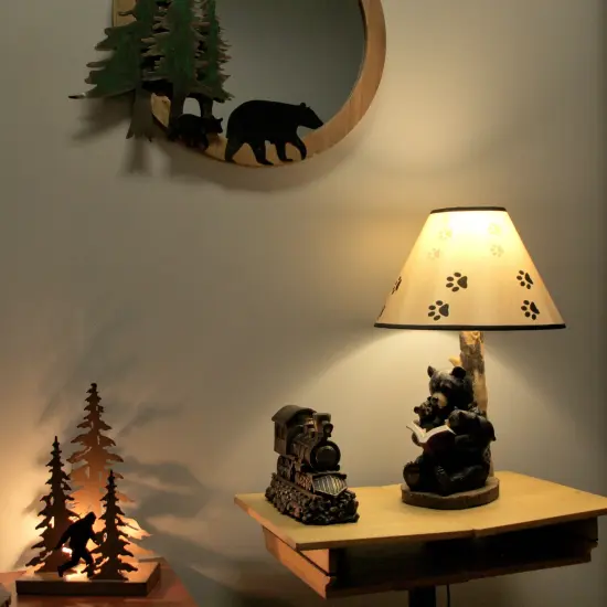 Black Bear Reading to Curious Cubs Table Lamp w/Paw Print Shade {6}